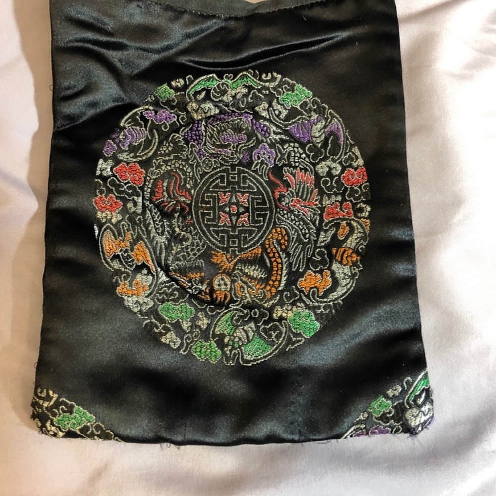 Small purse with complex mandala on shiny black.